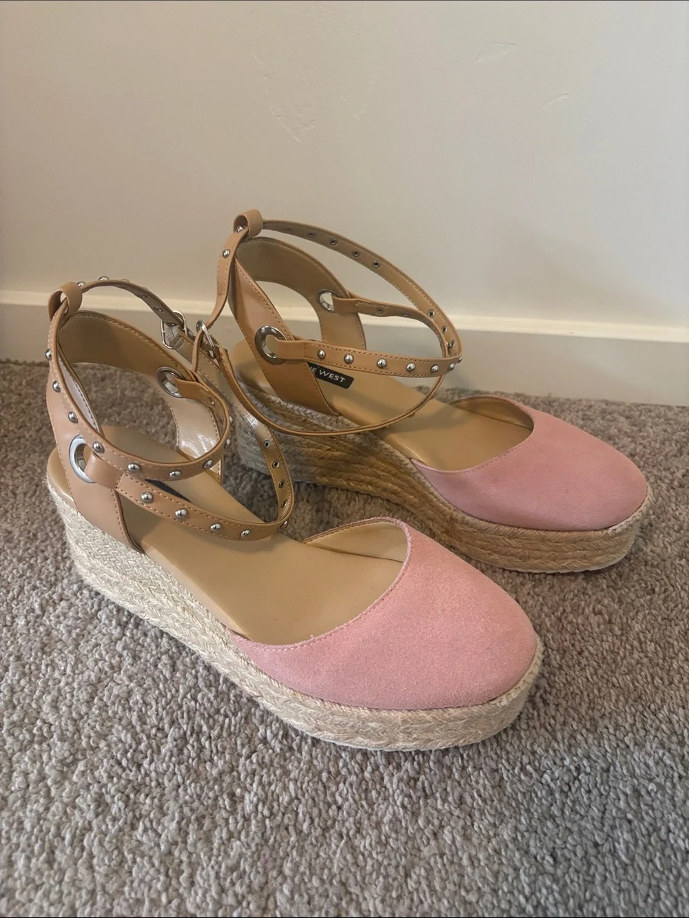 Nine West Blush Pink Espadrille Platform Wedge Sandals with Studded Ankle Straps